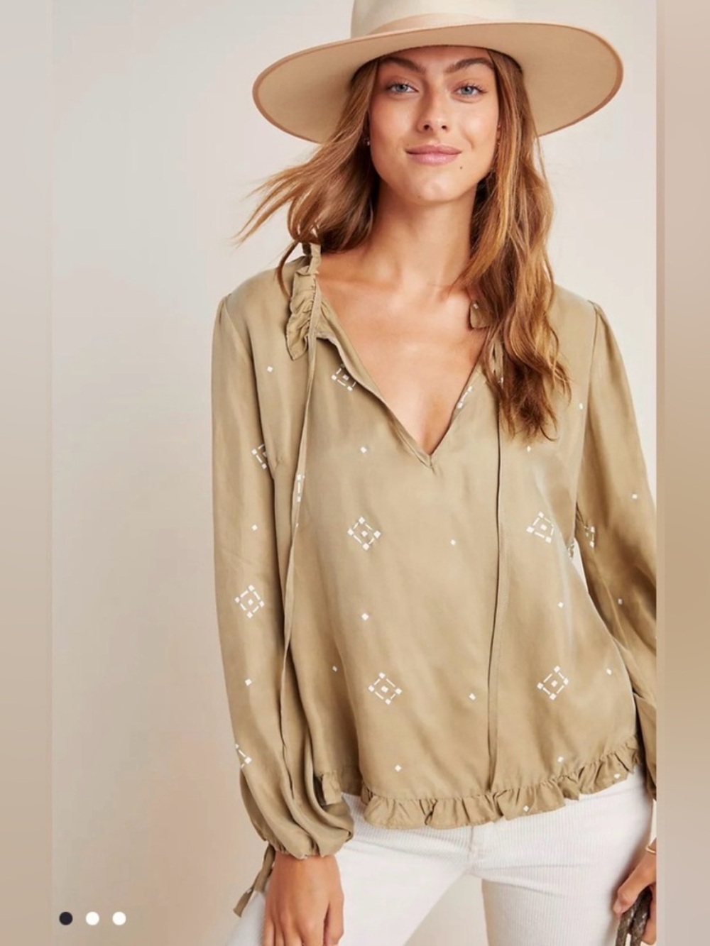 Anthropologie Women’s Sancia Yoelette Long Sleeve Taupe Peasant Blouse Small
